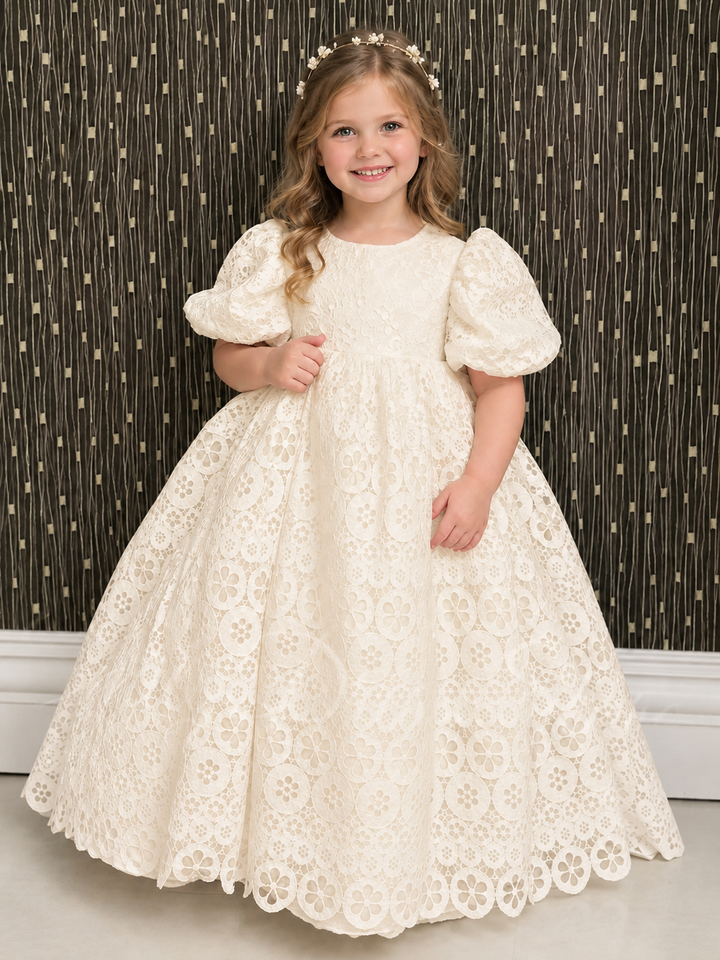 TinyTulle Elegant White Floral Lace Puff Sleeve Flower Girl Dress with Scalloped Hem