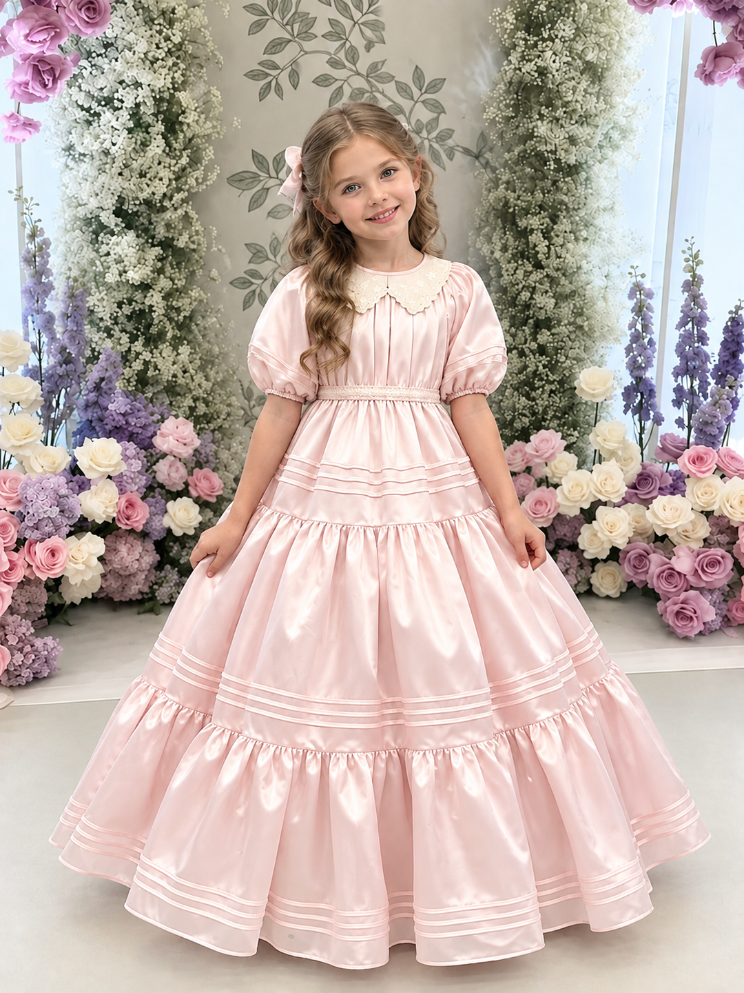 TinyTulle Elegant Blush Pink Satin Tiered Flower Girl Dress with Lace Collar &amp; Puff Sleeves