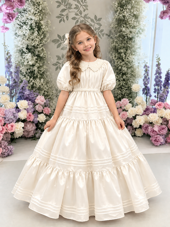TinyTulle Elegant Blush Pink Satin Tiered Flower Girl Dress with Lace Collar &amp; Puff Sleeves