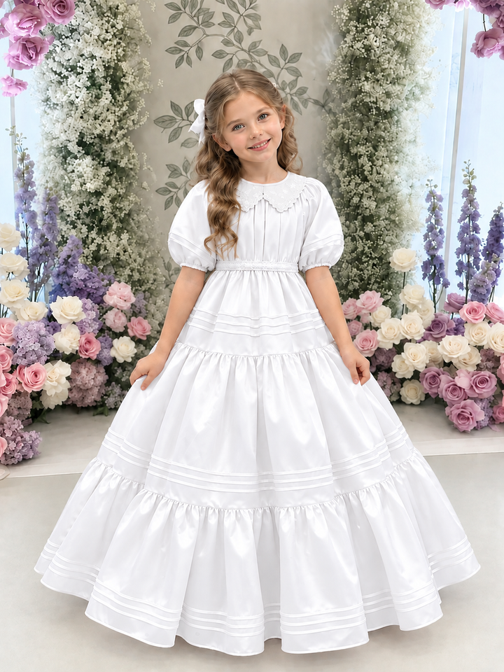 TinyTulle Elegant Blush Pink Satin Tiered Flower Girl Dress with Lace Collar &amp; Puff Sleeves
