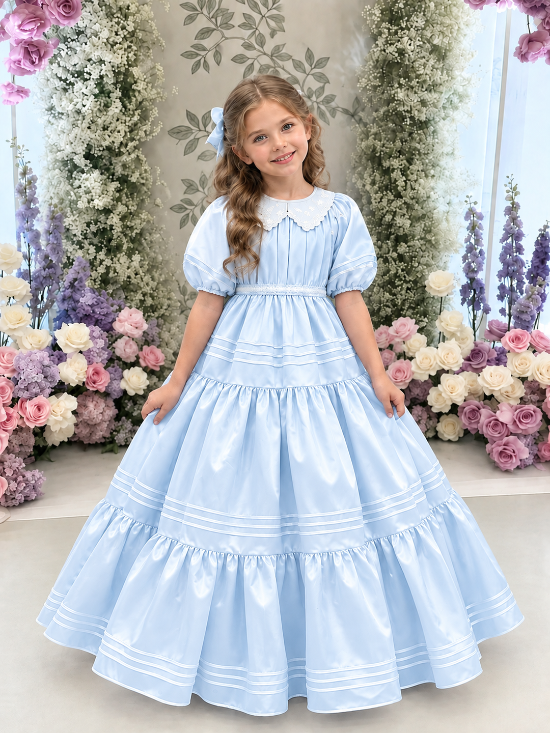 TinyTulle Elegant Blush Pink Satin Tiered Flower Girl Dress with Lace Collar &amp; Puff Sleeves