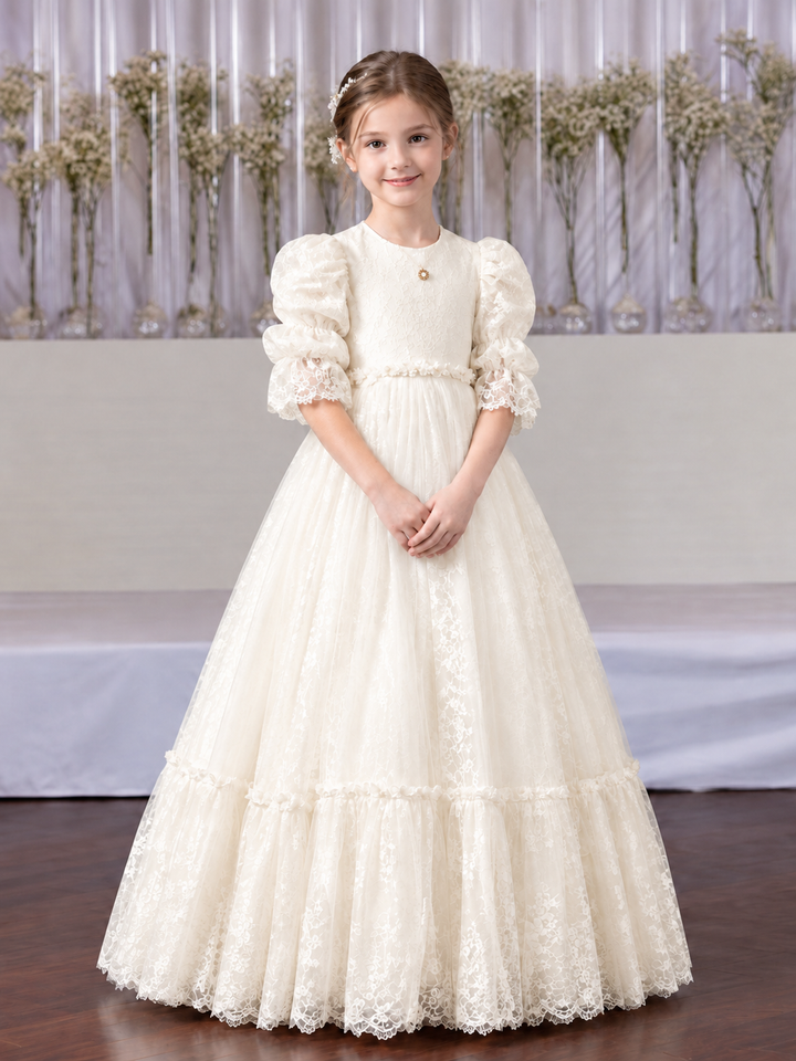 TinyTulle Elegant White Lace Puff Sleeve Flower Girl Dress