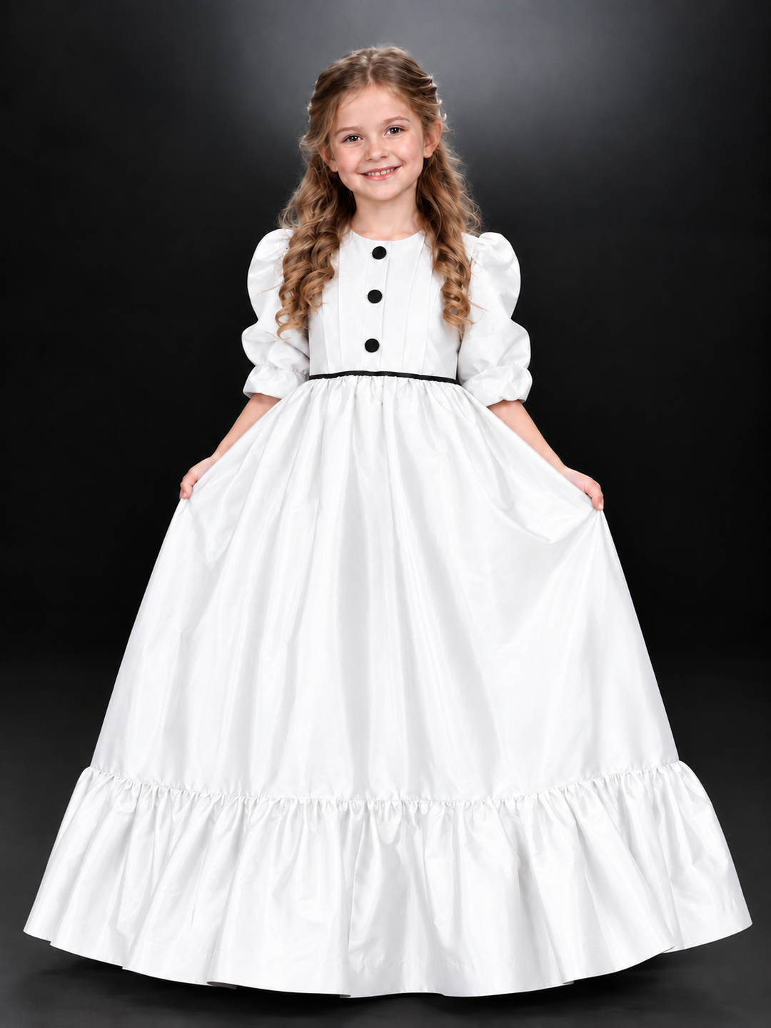 TinyTulle Royal Blue Satin Puff Sleeve Flower Girl Dress with Ruffled Hem &amp; Button Back