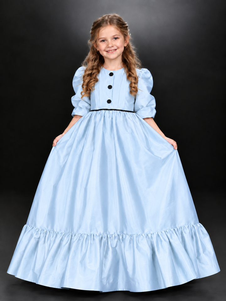 TinyTulle Royal Blue Satin Puff Sleeve Flower Girl Dress with Ruffled Hem &amp; Button Back
