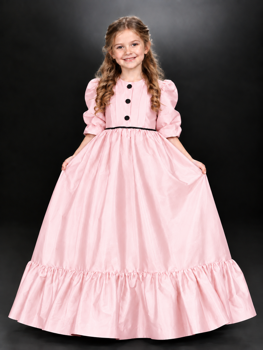 TinyTulle Royal Blue Satin Puff Sleeve Flower Girl Dress with Ruffled Hem &amp; Button Back