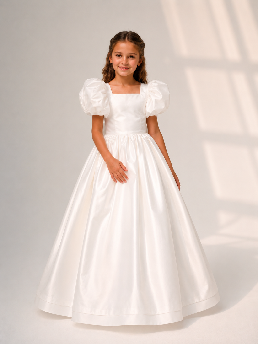 TinyTulle Elegant Ivory Puff Sleeve Flower Girl Dress for Weddings &amp; First Communion