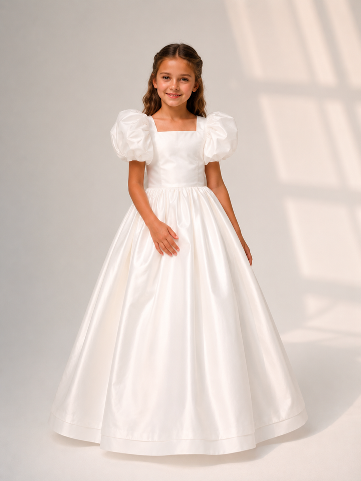 TinyTulle Elegant Ivory Puff Sleeve Flower Girl Dress for Weddings &amp; First Communion