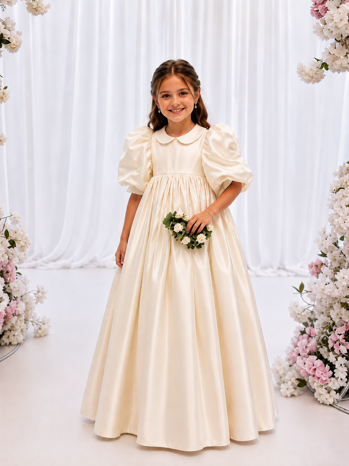 TinyTulle Elegant White Puff Sleeve High Waist Princess Flower Girl Dress for Wedding
