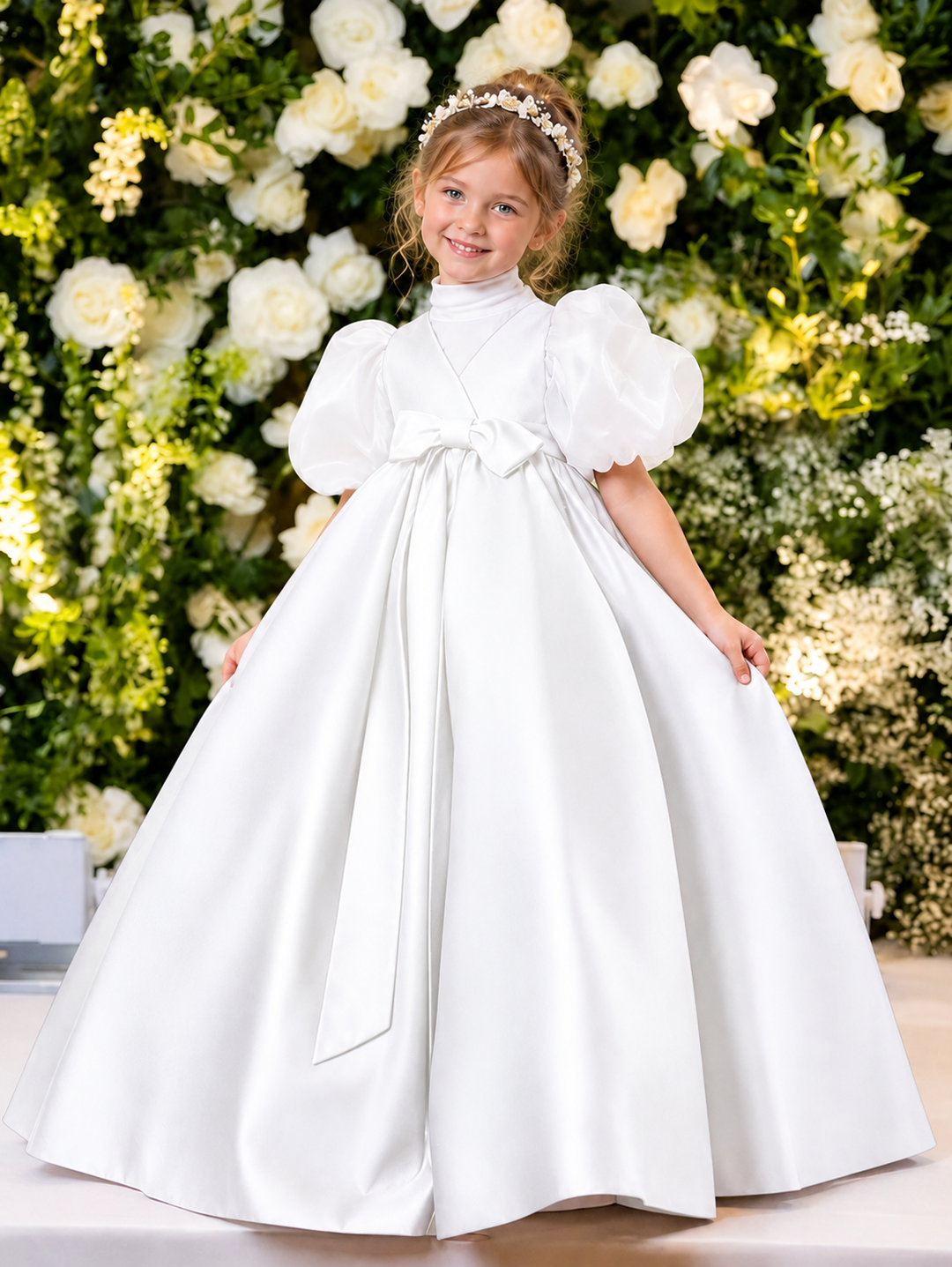 TinyTulle Elegant Purple Satin Flower Girl Dress with Puff Sleeves &amp; Bow