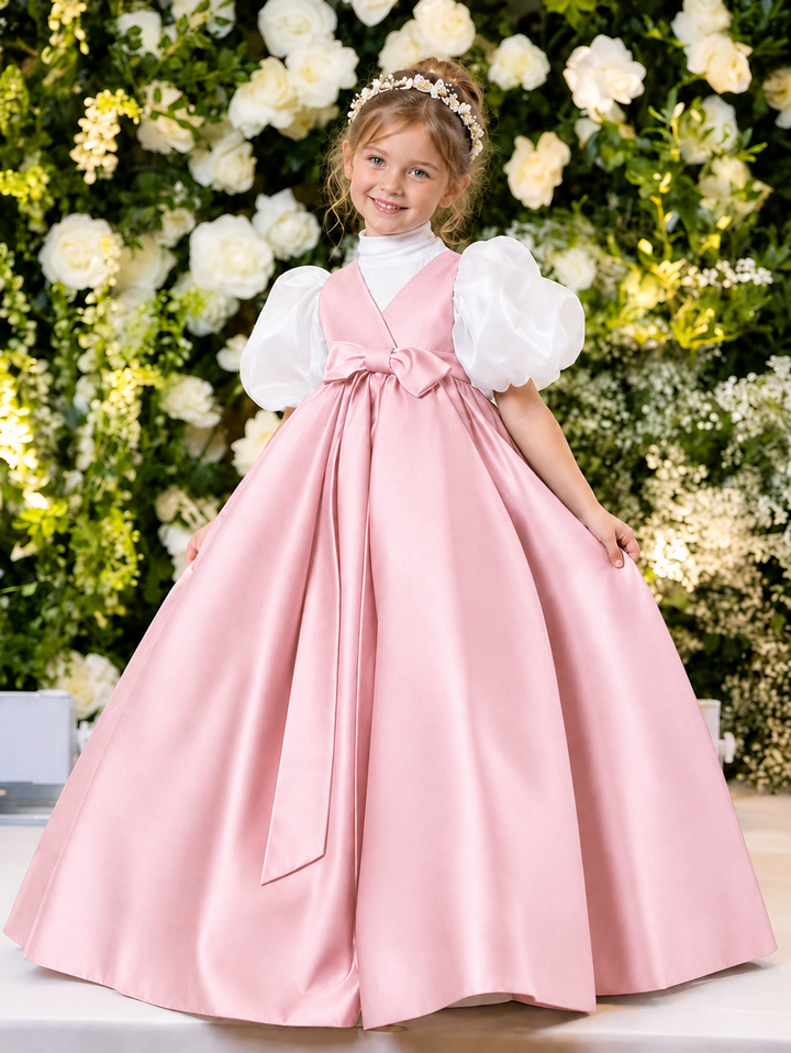 TinyTulle Elegant Purple Satin Flower Girl Dress with Puff Sleeves &amp; Bow