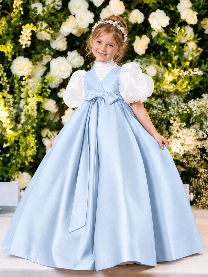 TinyTulle Elegant Purple Satin Flower Girl Dress with Puff Sleeves &amp; Bow