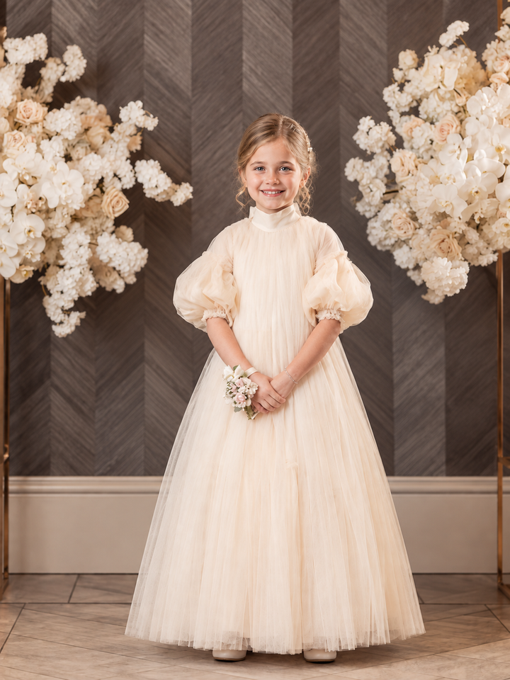 TinyTulle Elegant Champagne High Neck Puff Sleeve Tulle Flower Girl Dress