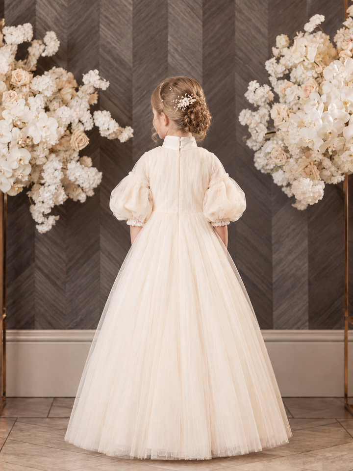 TinyTulle Elegant Champagne High Neck Puff Sleeve Tulle Flower Girl Dress
