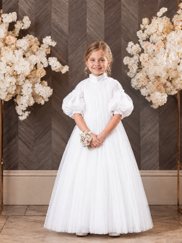TinyTulle Elegant Champagne High Neck Puff Sleeve Tulle Flower Girl Dress