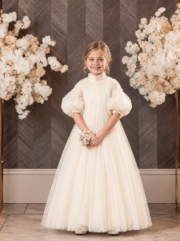 TinyTulle Elegant Champagne High Neck Puff Sleeve Tulle Flower Girl Dress
