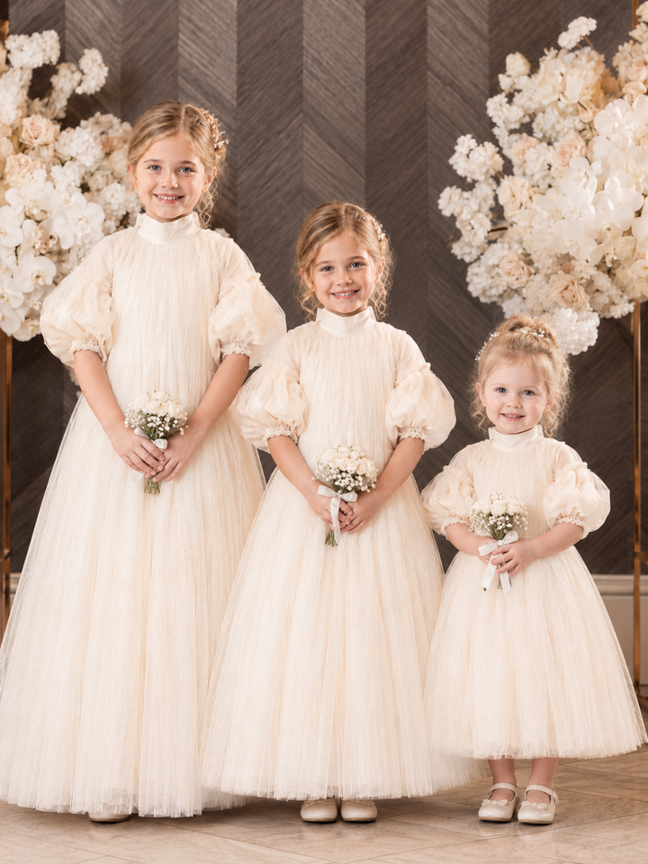 TinyTulle Elegant Champagne High Neck Puff Sleeve Tulle Flower Girl Dress