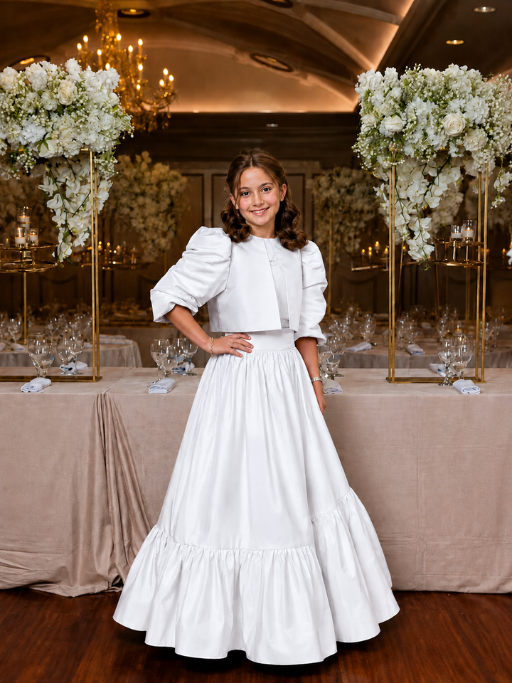 TinyTulle Elegant Blue Satin Puff Sleeve Flower Girl Dress for Special Occasions