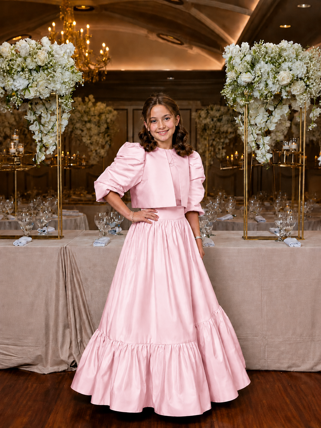 TinyTulle Elegant Blue Satin Puff Sleeve Flower Girl Dress for Special Occasions