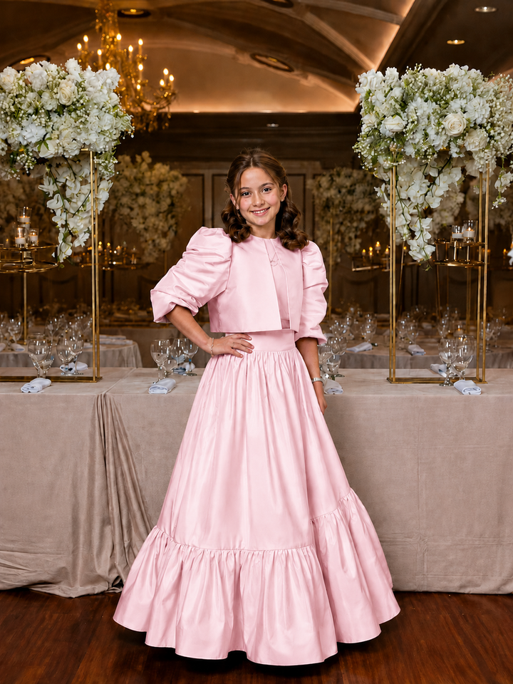 TinyTulle Elegant Blue Satin Puff Sleeve Flower Girl Dress for Special Occasions