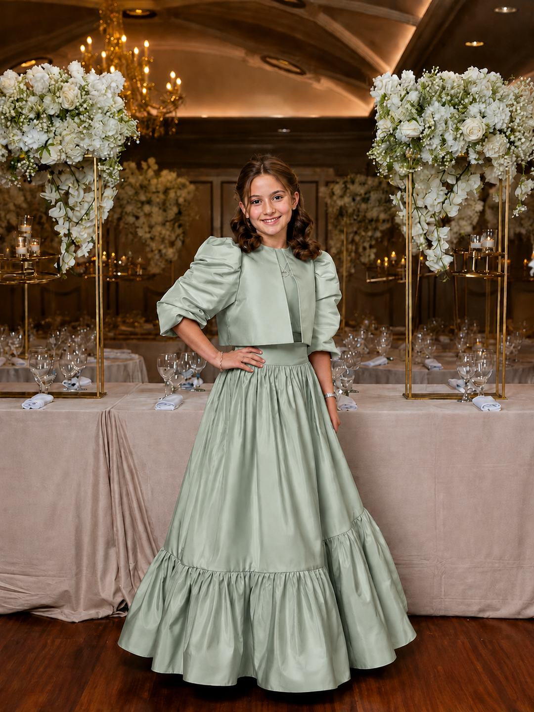 TinyTulle Elegant Blue Satin Puff Sleeve Flower Girl Dress for Special Occasions