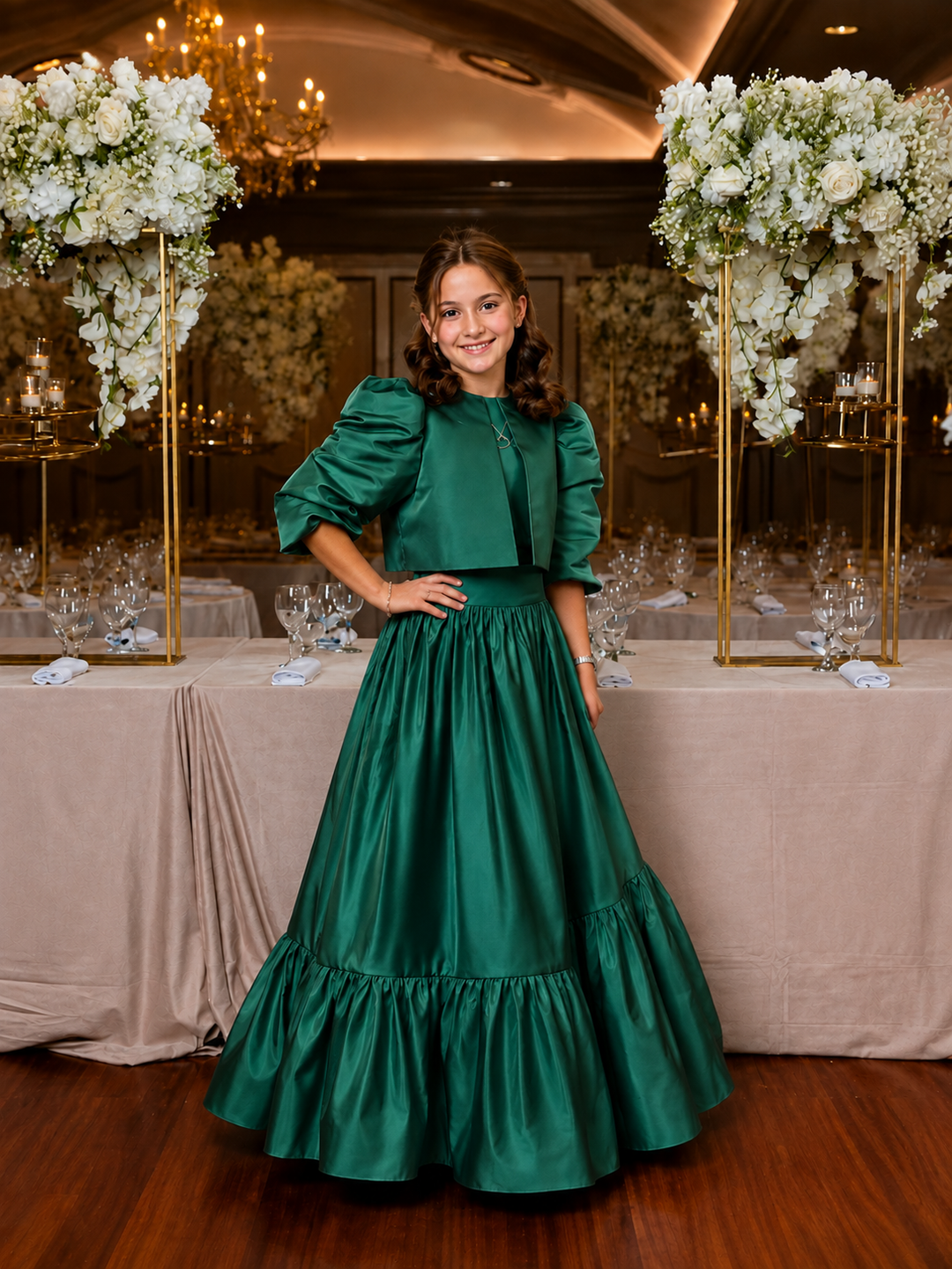 TinyTulle Elegant Blue Satin Puff Sleeve Flower Girl Dress for Special Occasions