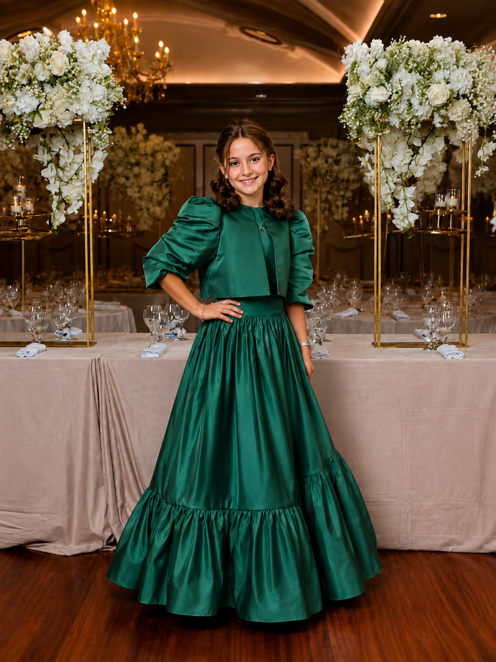 TinyTulle Elegant Blue Satin Puff Sleeve Flower Girl Dress for Special Occasions