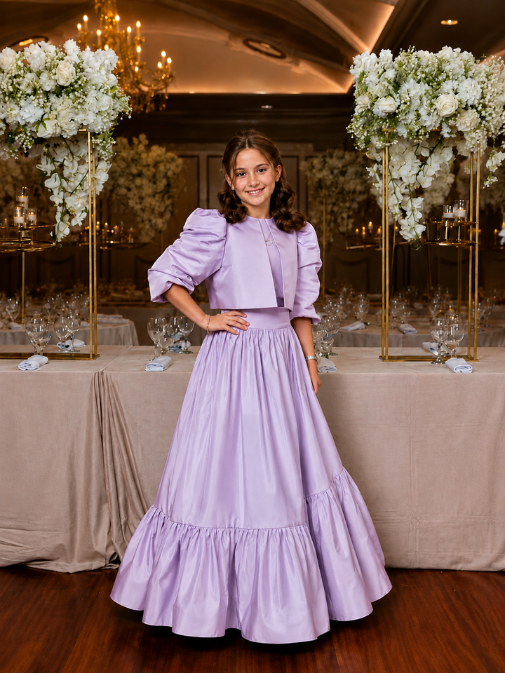 TinyTulle Elegant Blue Satin Puff Sleeve Flower Girl Dress for Special Occasions