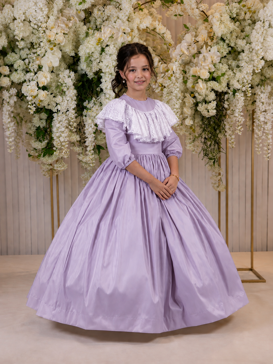 TinyTulle Champagne Princess Satin Flower Girl Dress with Lace Collar