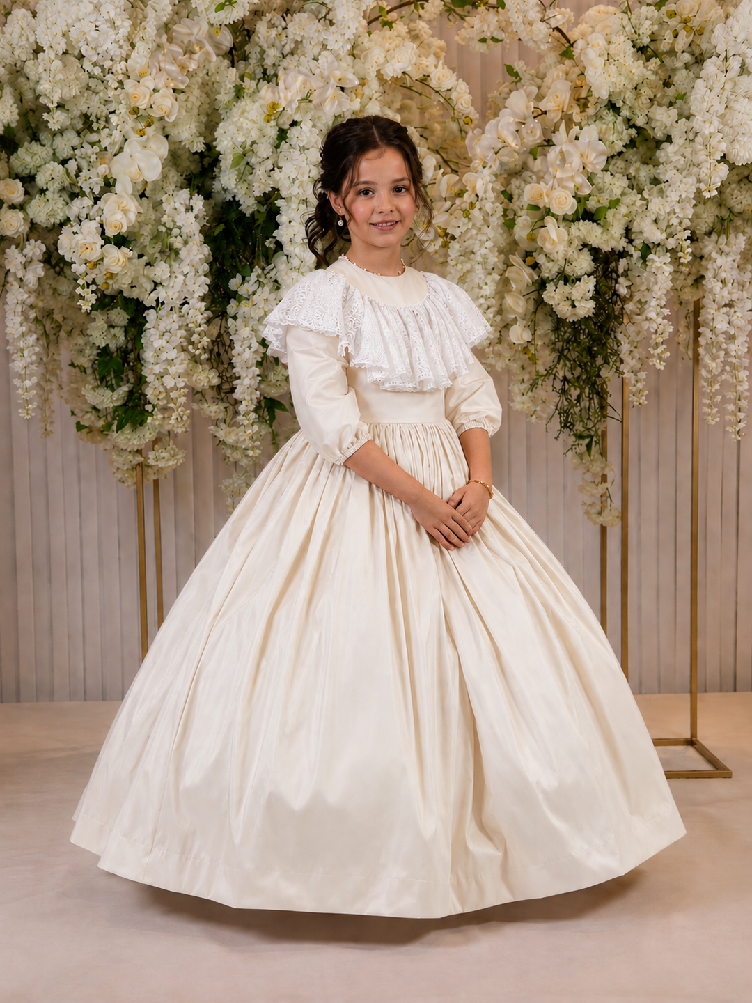 TinyTulle Champagne Princess Satin Flower Girl Dress with Lace Collar
