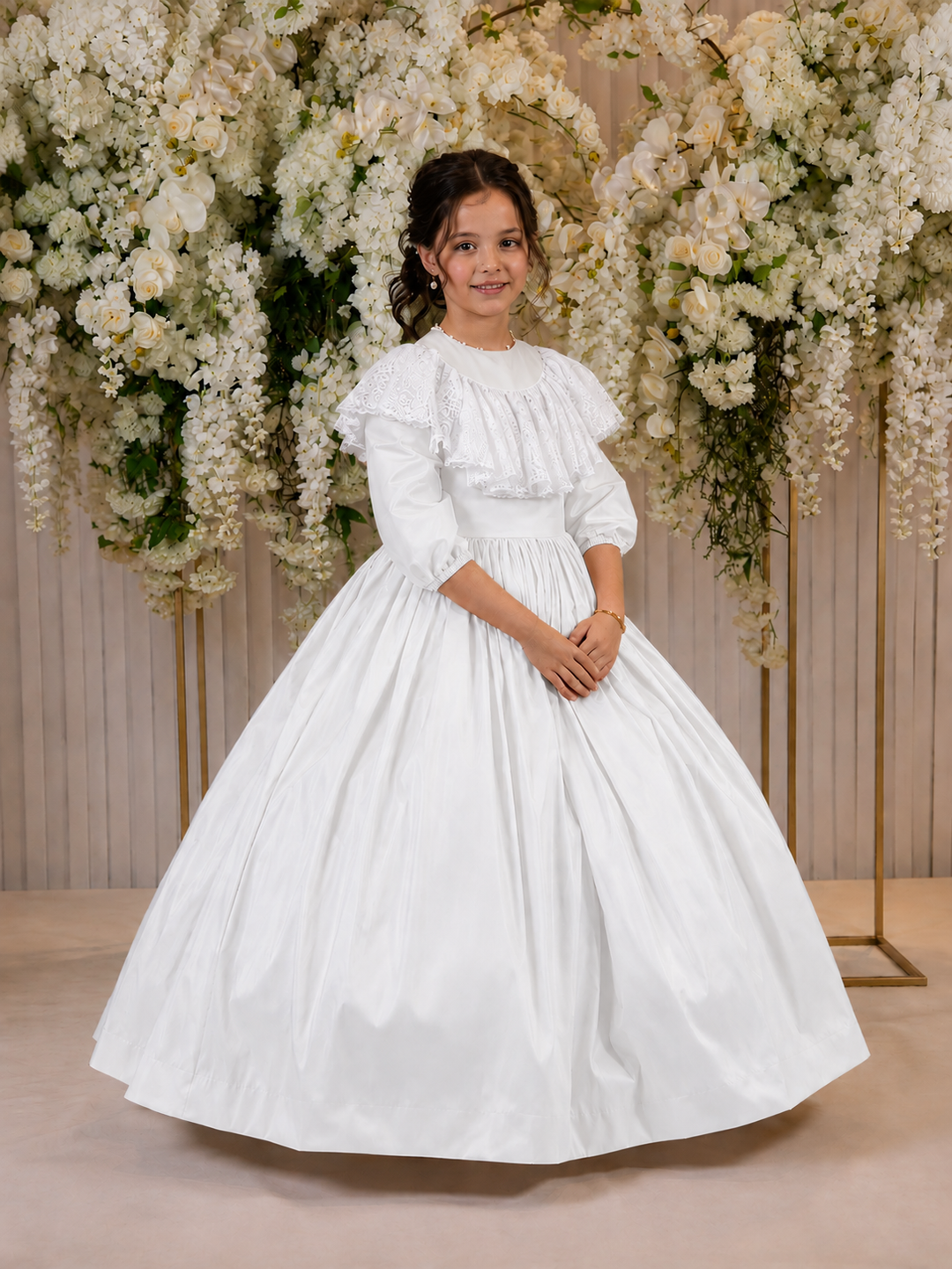 TinyTulle Champagne Princess Satin Flower Girl Dress with Lace Collar