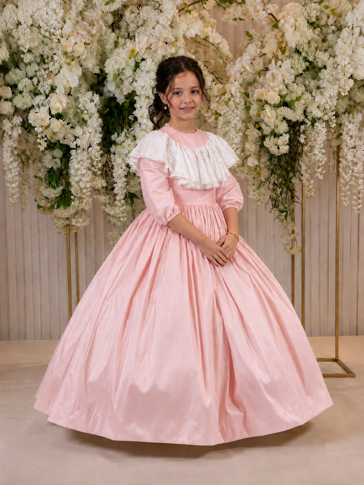 TinyTulle Champagne Princess Satin Flower Girl Dress with Lace Collar