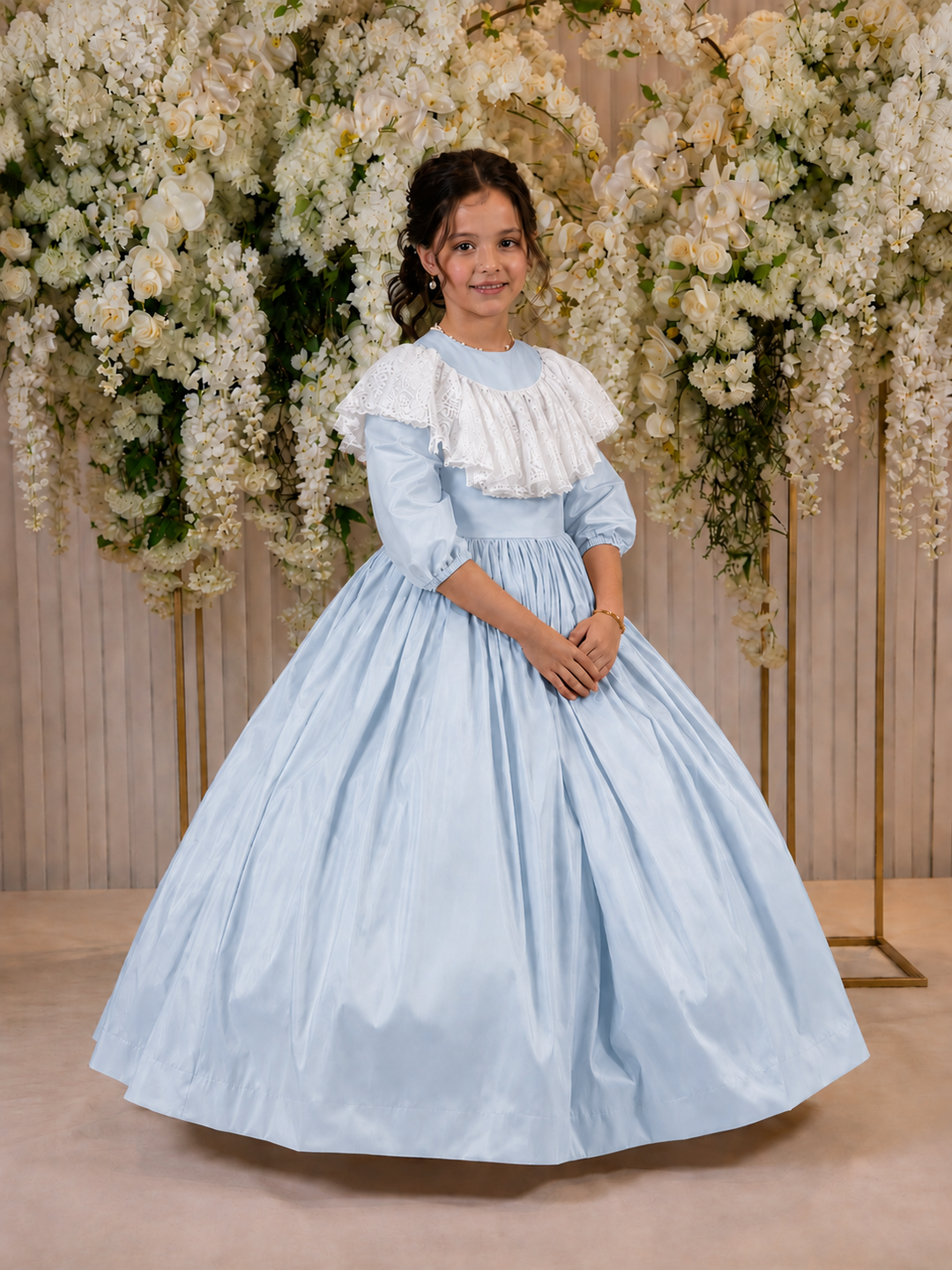 TinyTulle Champagne Princess Satin Flower Girl Dress with Lace Collar