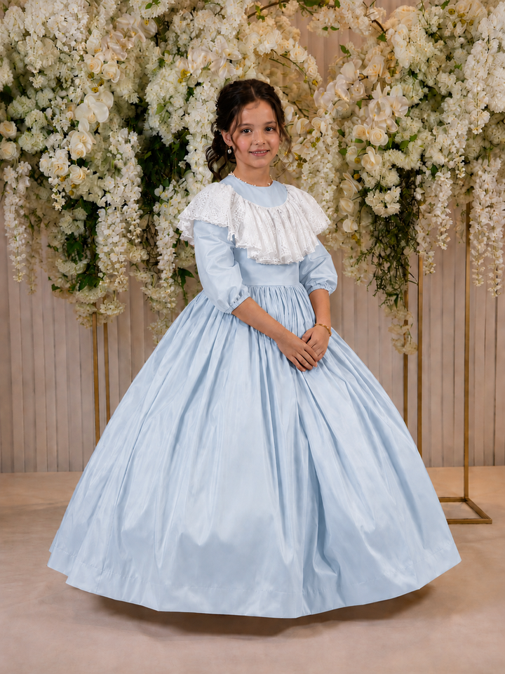 TinyTulle Champagne Princess Satin Flower Girl Dress with Lace Collar