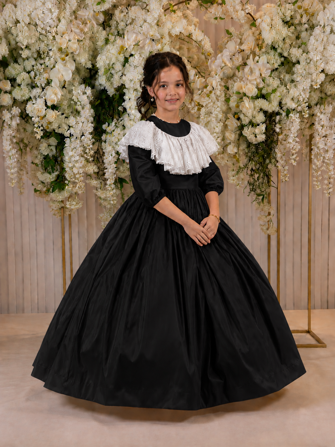 TinyTulle Champagne Princess Satin Flower Girl Dress with Lace Collar