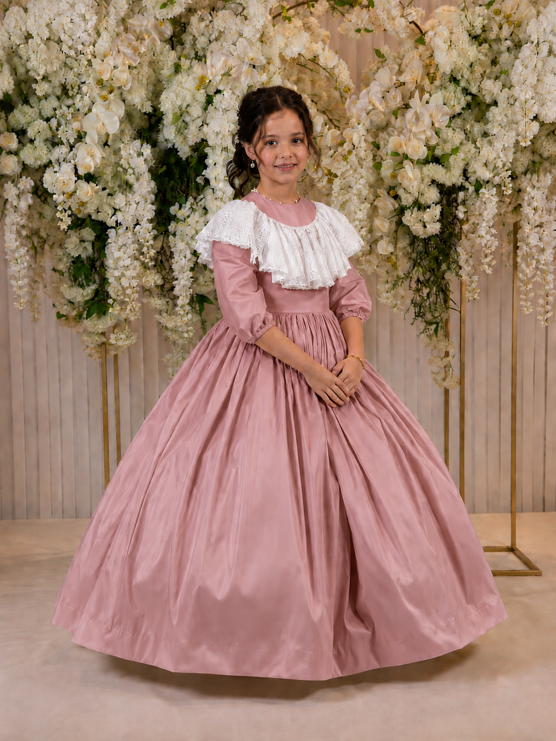 TinyTulle Champagne Princess Satin Flower Girl Dress with Lace Collar