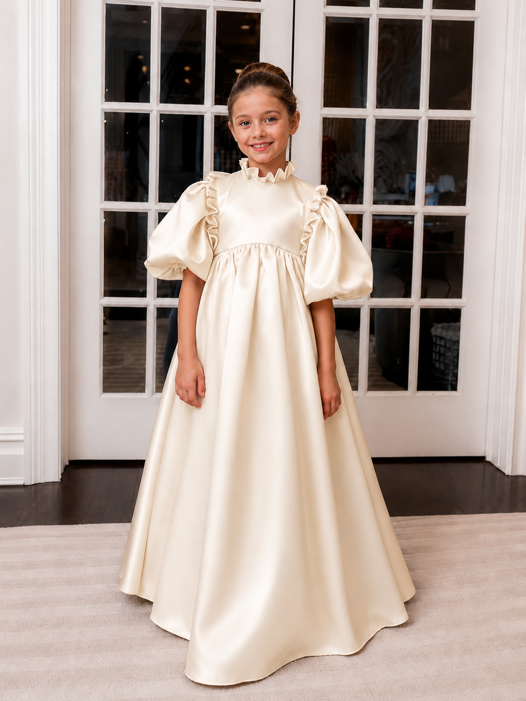 TinyTulle Elegant Light Blue Satin Puff Sleeve Flower Girl Dress with Bow