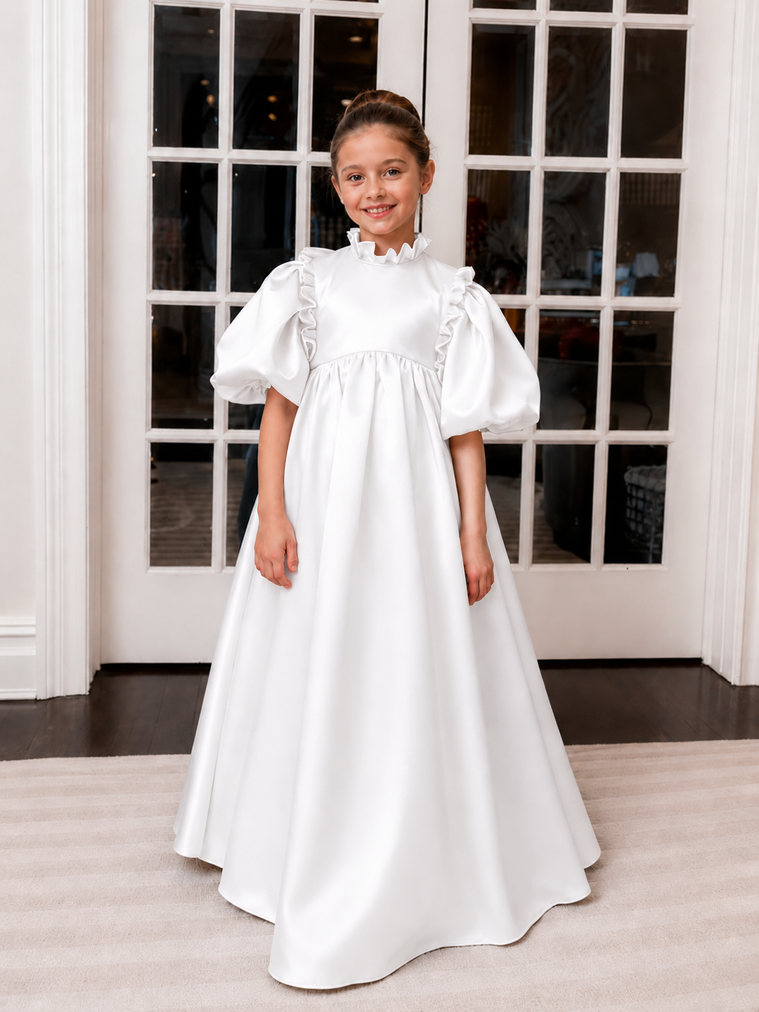 TinyTulle Elegant Light Blue Satin Puff Sleeve Flower Girl Dress with Bow