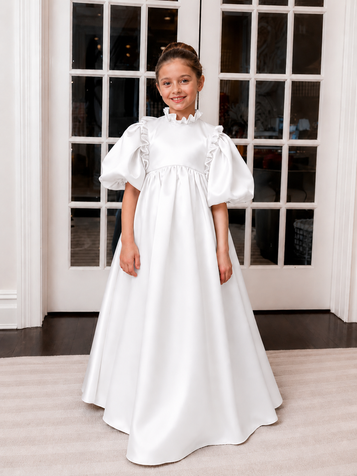 TinyTulle Elegant Light Blue Satin Puff Sleeve Flower Girl Dress with Bow