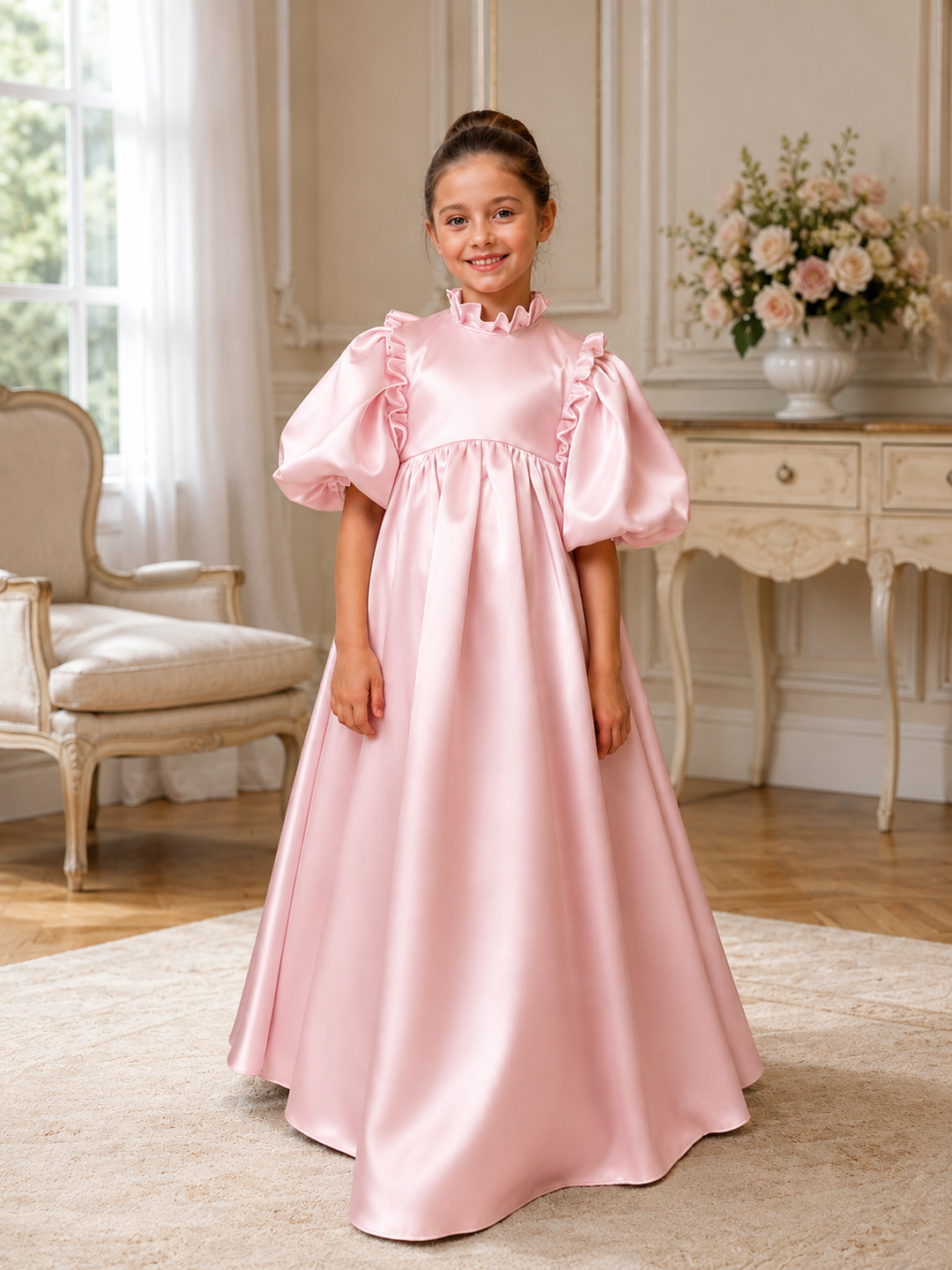 TinyTulle Elegant Light Blue Satin Puff Sleeve Flower Girl Dress with Bow