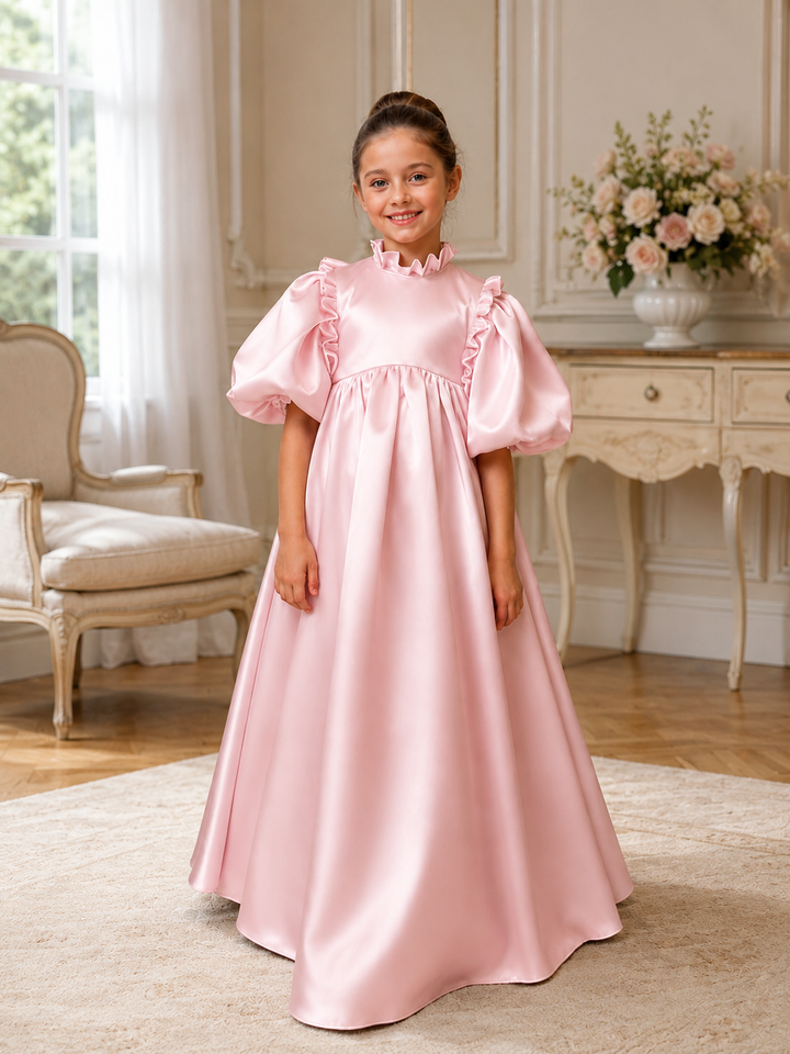 TinyTulle Elegant Light Blue Satin Puff Sleeve Flower Girl Dress with Bow