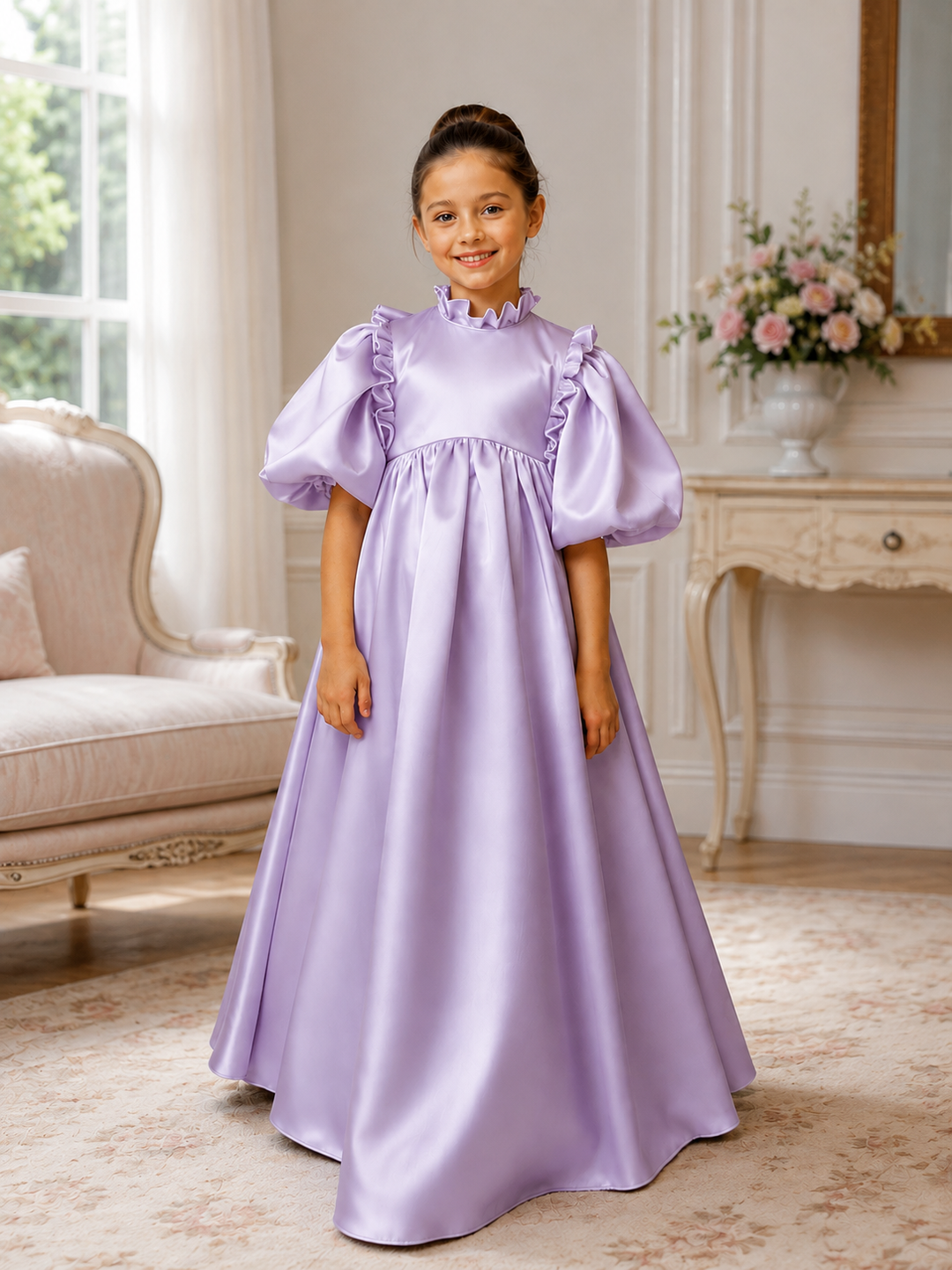 TinyTulle Elegant Light Blue Satin Puff Sleeve Flower Girl Dress with Bow