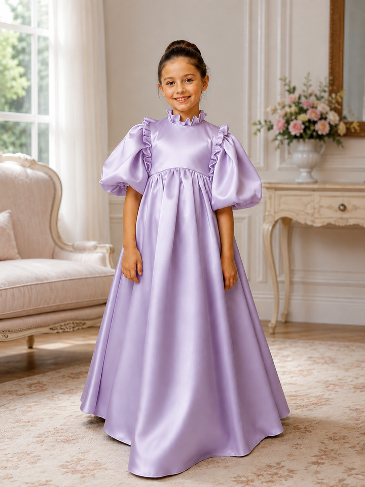 TinyTulle Elegant Light Blue Satin Puff Sleeve Flower Girl Dress with Bow