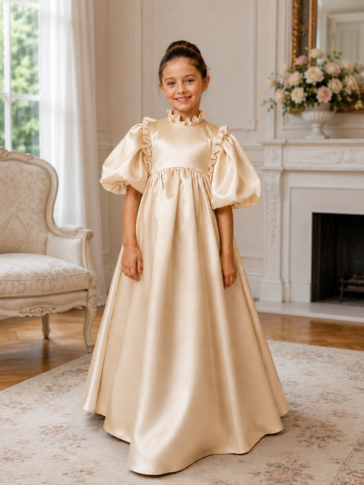 TinyTulle Elegant Light Blue Satin Puff Sleeve Flower Girl Dress with Bow