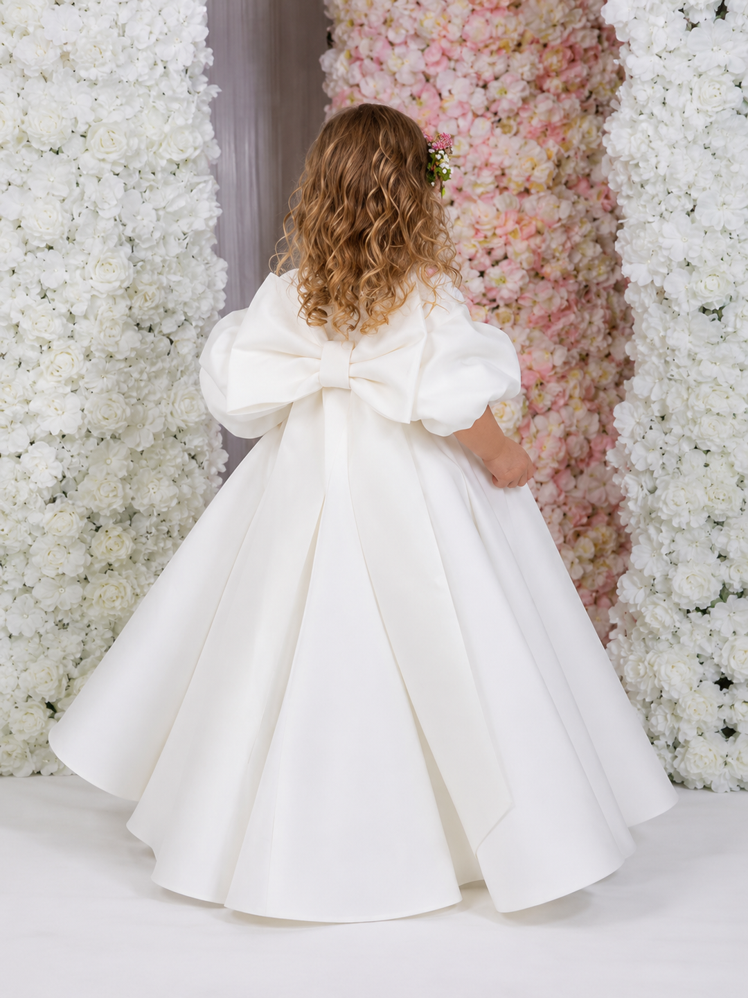 TinyTulle Elegant White Puff Sleeve Flower Girl Dress with Oversized Bow