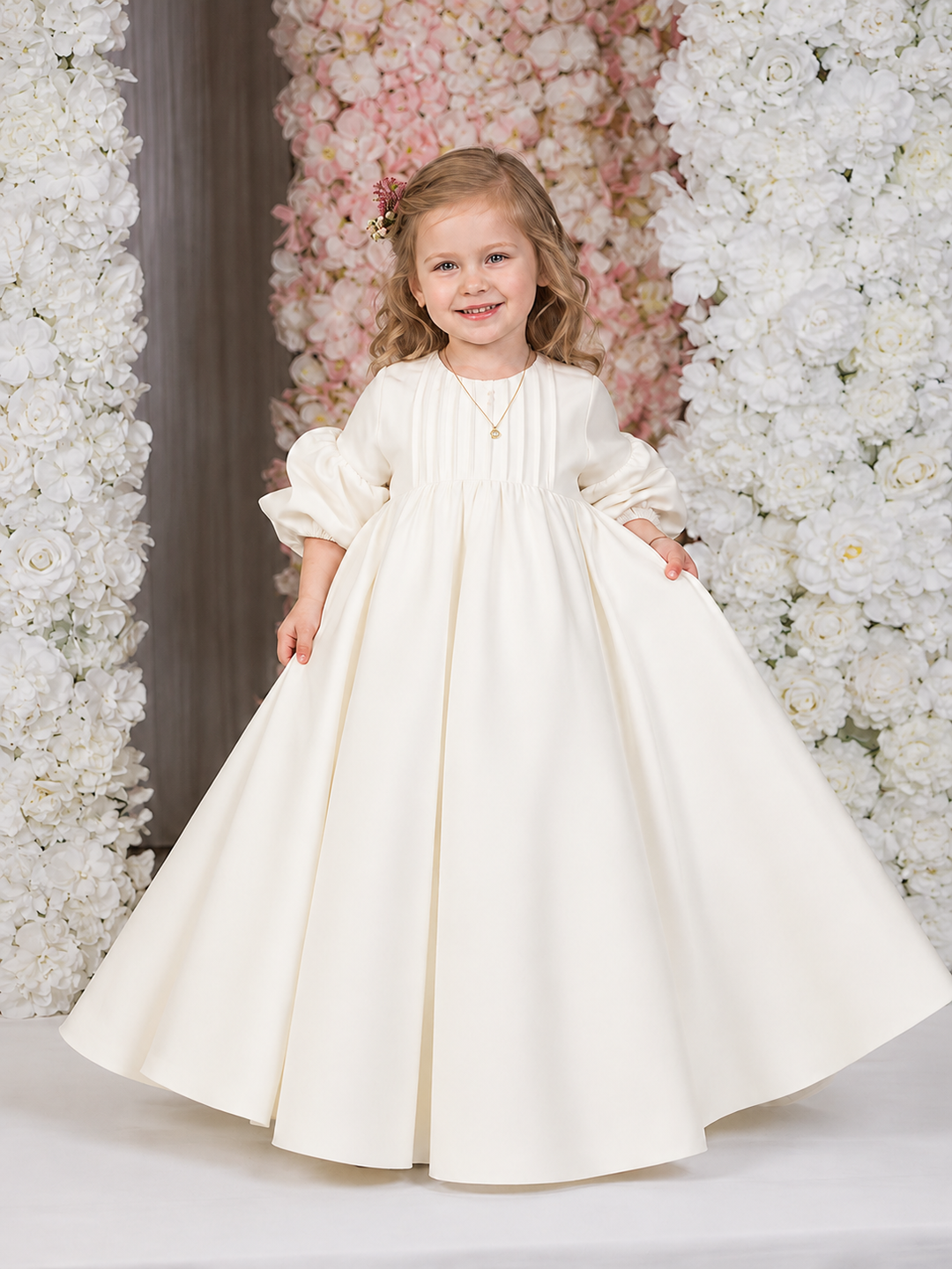 TinyTulle Elegant White Puff Sleeve Flower Girl Dress with Oversized Bow