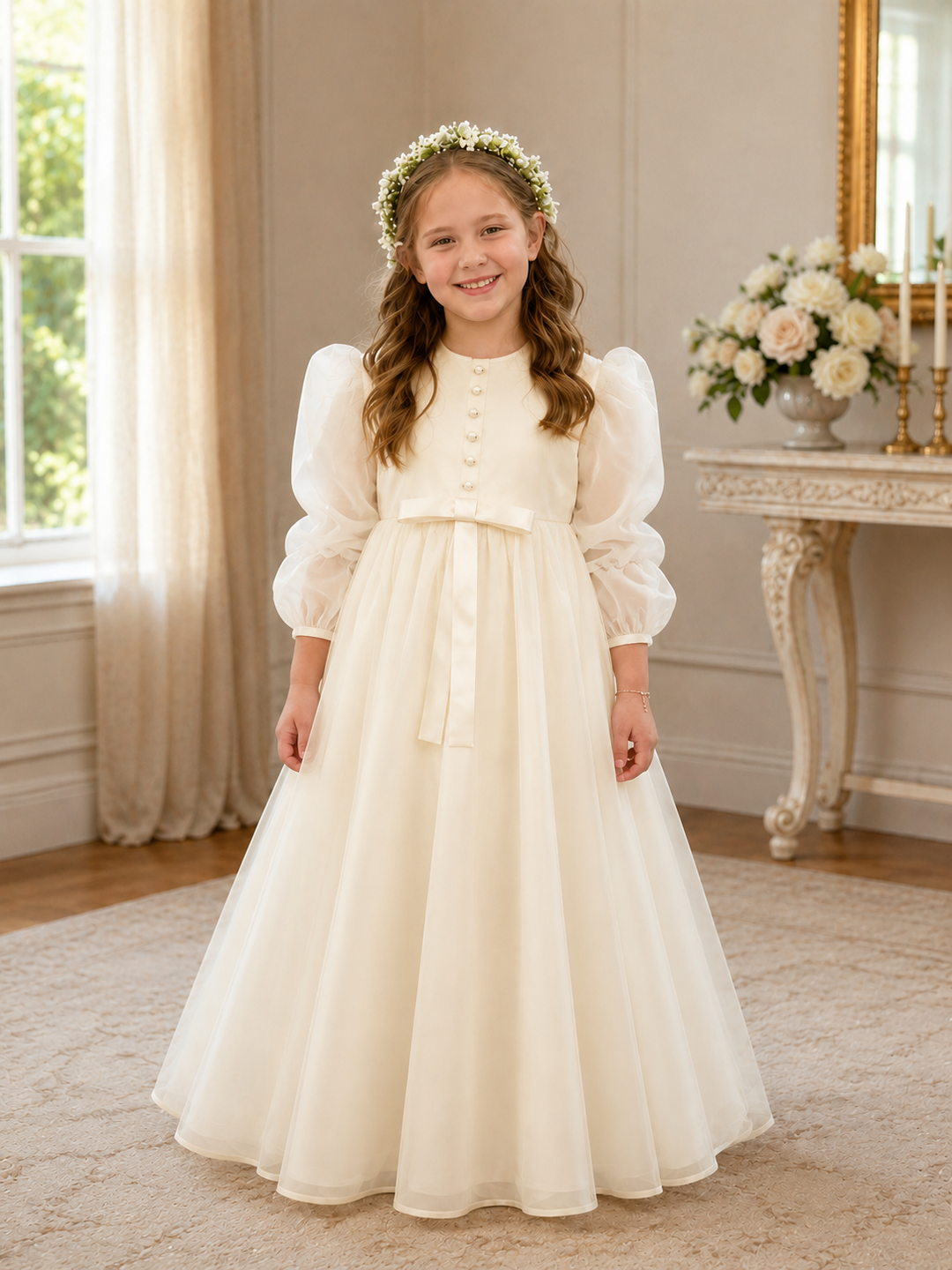 Sunnypetal Elegant White Long Sleeve Tulle Flower Girl Dress with Oversized Back Bow