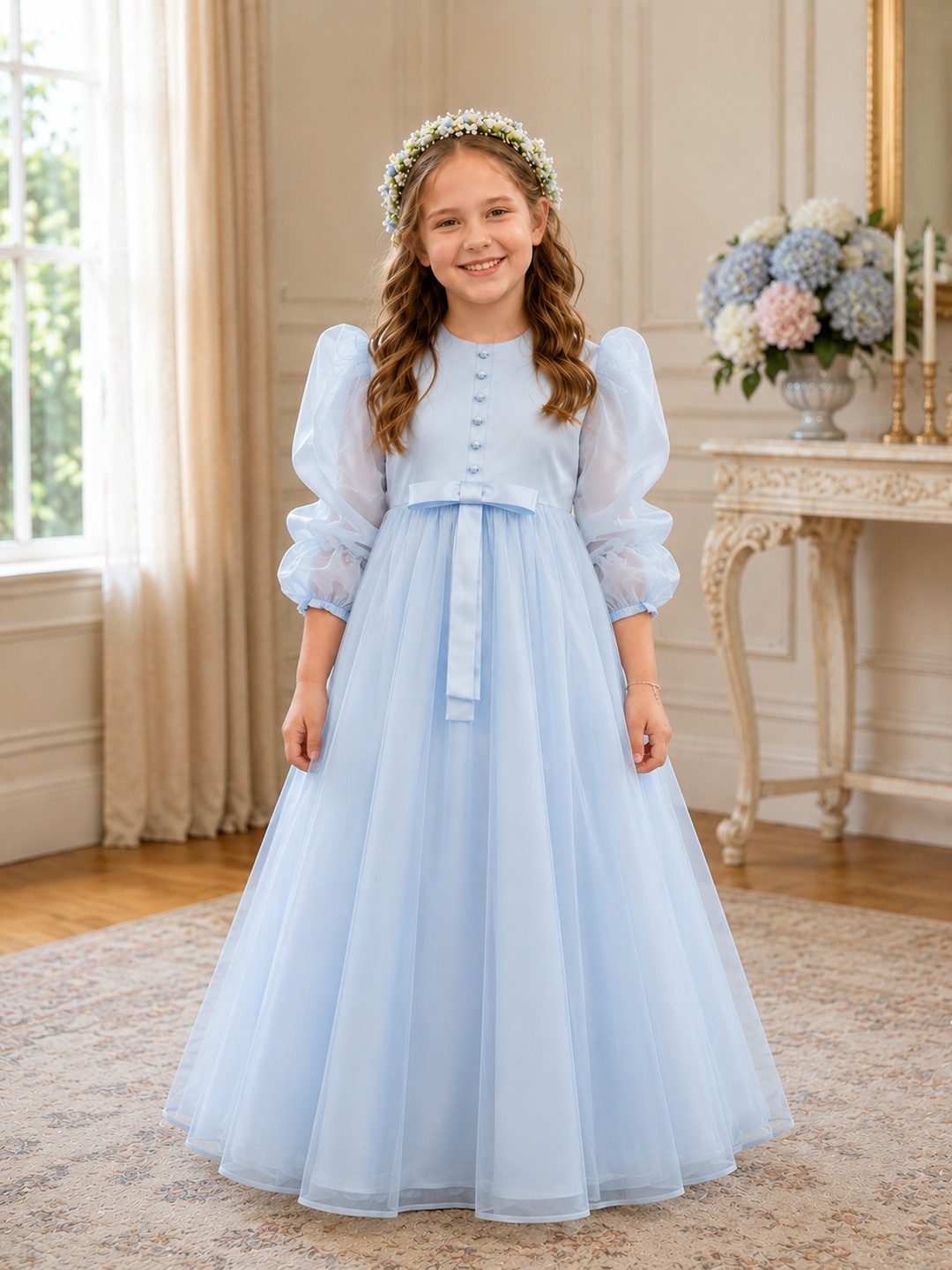 Sunnypetal Elegant White Long Sleeve Tulle Flower Girl Dress with Oversized Back Bow