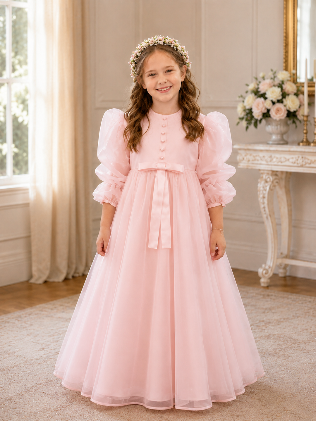 Sunnypetal Elegant White Long Sleeve Tulle Flower Girl Dress with Oversized Back Bow