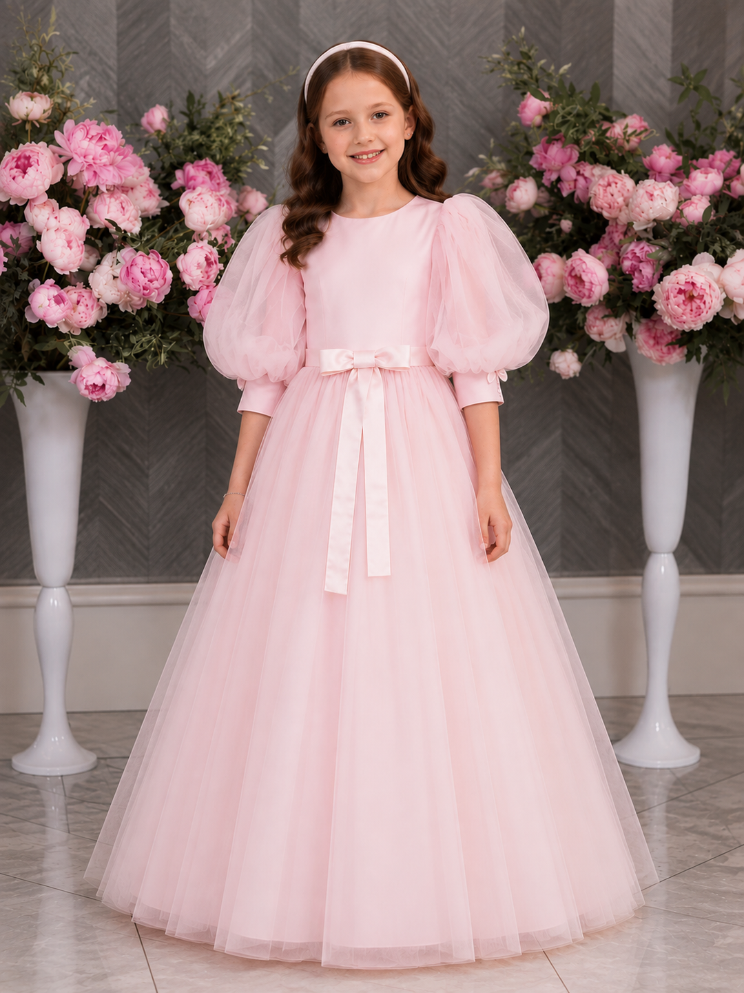 TinyTulle Elegant White Tulle First Communion Dress for Girls with Puff Sleeves &amp; Bow Detail
