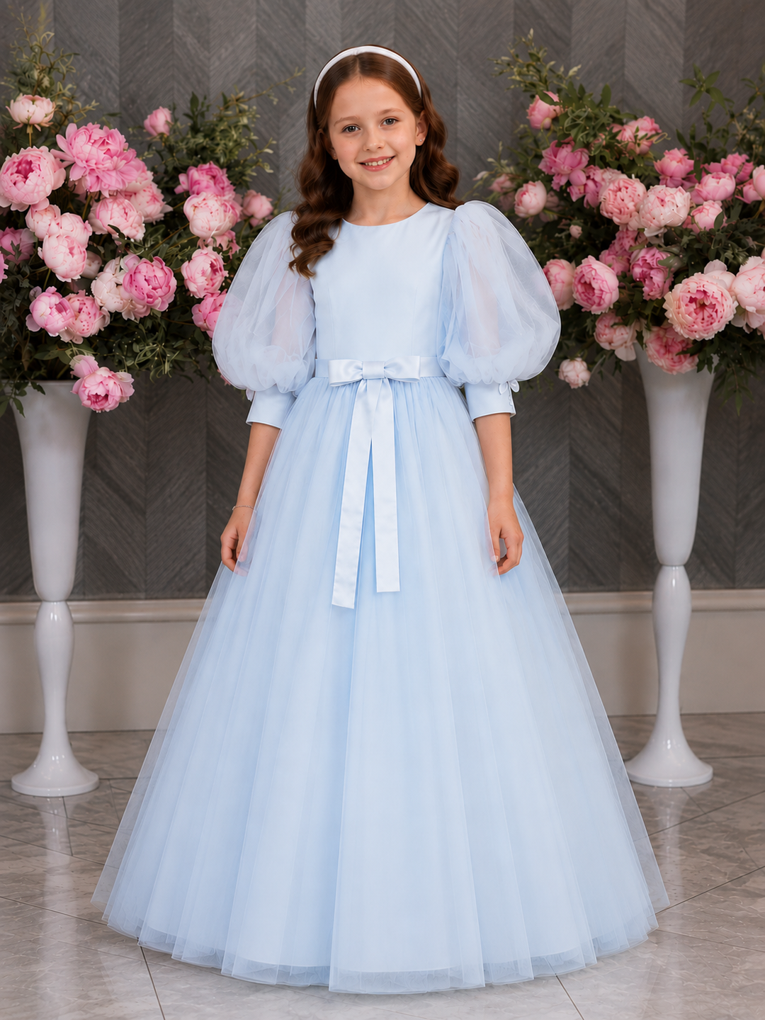 TinyTulle Elegant White Tulle First Communion Dress for Girls with Puff Sleeves &amp; Bow Detail